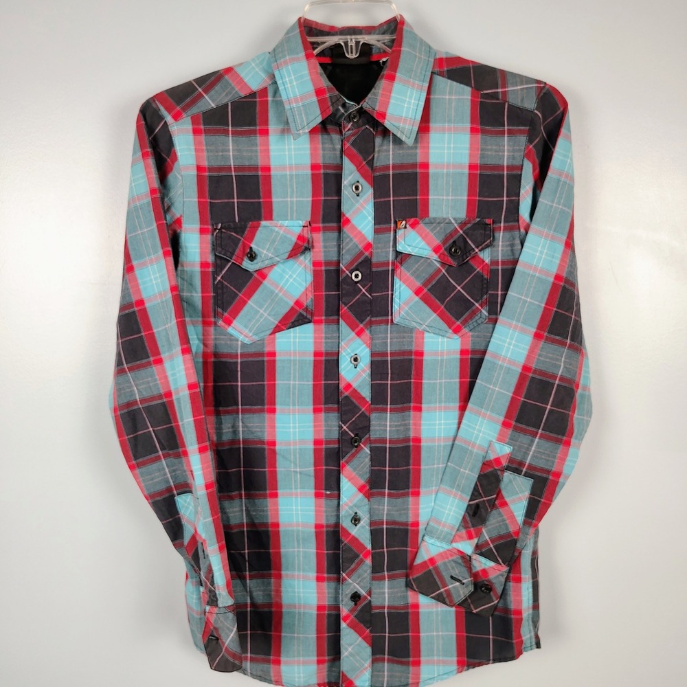 Mens S Amplify Plaid Button Down Shirt Red Teal Cotton Blend Gorpcore Grunge - Picture 2 of 9